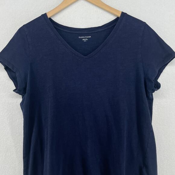EILEEN FISHER Top M Slub Organic Cotton Jersey V-Neck Short Sleeve Blue - Picture 3 of 11